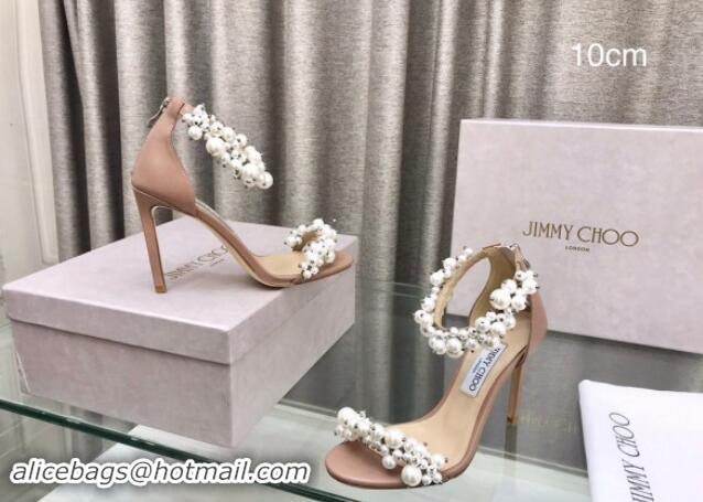 Unique Style Jimmy Choo Pearls Leather Heel Sandals 10cm Beige 724054