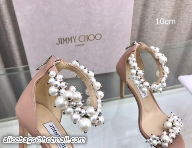 Unique Style Jimmy Choo Pearls Leather Heel Sandals 10cm Beige 724054