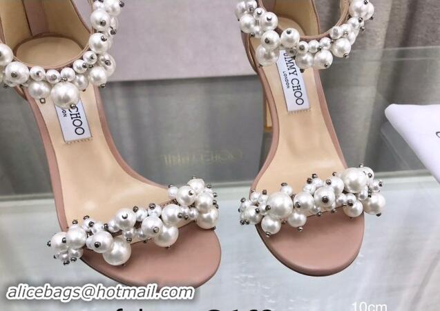 Unique Style Jimmy Choo Pearls Leather Heel Sandals 10cm Beige 724054