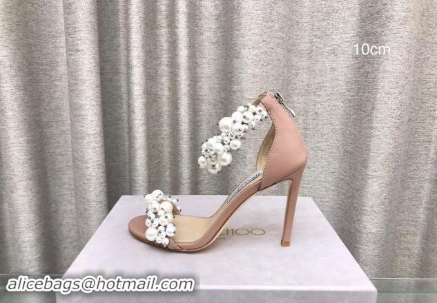 Unique Style Jimmy Choo Pearls Leather Heel Sandals 10cm Beige 724054