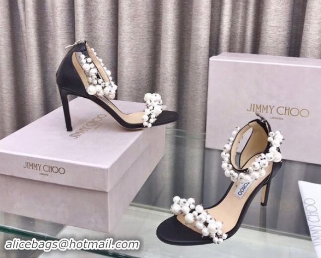 Luxury Discount Jimmy Choo Pearls Leather Heel Sandals 8.5cm Black 724055