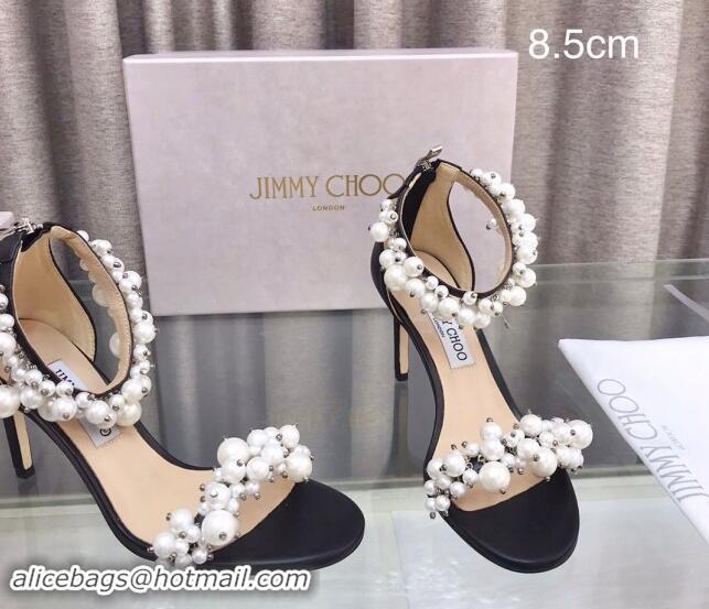 Luxury Discount Jimmy Choo Pearls Leather Heel Sandals 8.5cm Black 724055