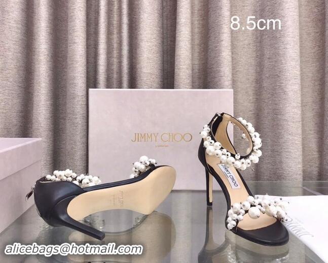 Luxury Discount Jimmy Choo Pearls Leather Heel Sandals 8.5cm Black 724055