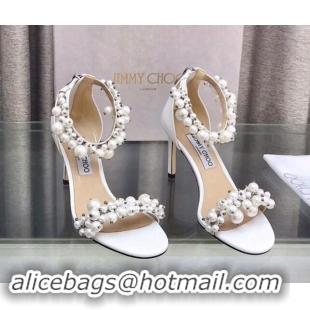 Luxury Jimmy Choo Pearls Leather Heel Sandals 8.5cm White 724056