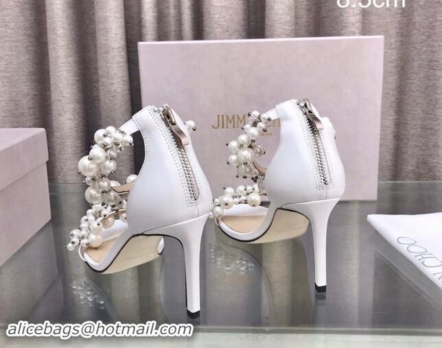 Luxury Jimmy Choo Pearls Leather Heel Sandals 8.5cm White 724056