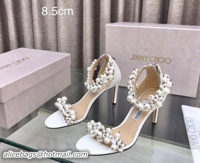 Luxury Jimmy Choo Pearls Leather Heel Sandals 8.5cm White 724056