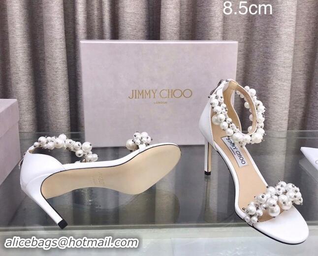 Luxury Jimmy Choo Pearls Leather Heel Sandals 8.5cm White 724056