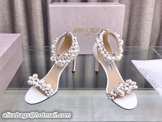 Luxury Jimmy Choo Pearls Leather Heel Sandals 8.5cm White 724056