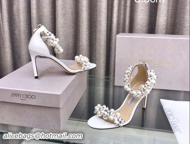 Luxury Jimmy Choo Pearls Leather Heel Sandals 8.5cm White 724056