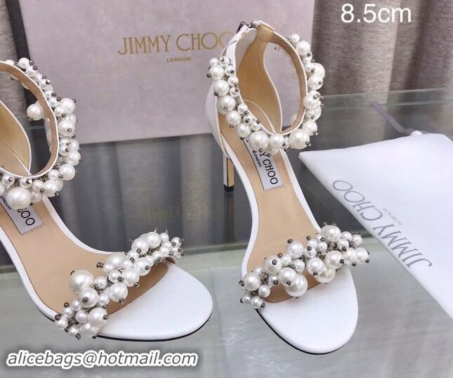 Luxury Jimmy Choo Pearls Leather Heel Sandals 8.5cm White 724056