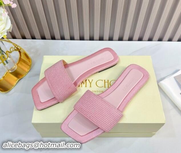 Stylish Jimmy Choo Clovis Flat Slides Sandal with Strass Pink 81009