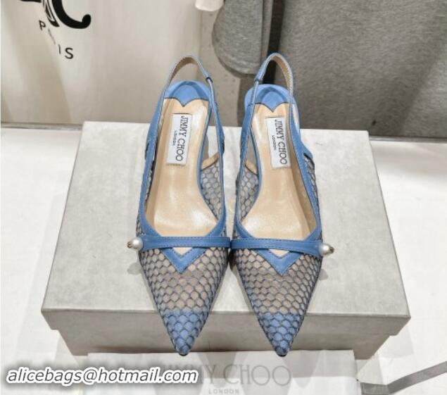 Luxury Cheap Jimmy Choo Amita Slingback Pumps 4.5cm in Fishnet Mesh and Nappa Leather Blue 9030095