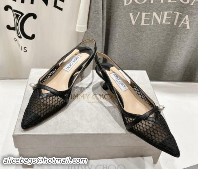 Charming Jimmy Choo Amita Slingback Pumps 4.5cm in Fishnet Mesh and Nappa Leather Black 9030097