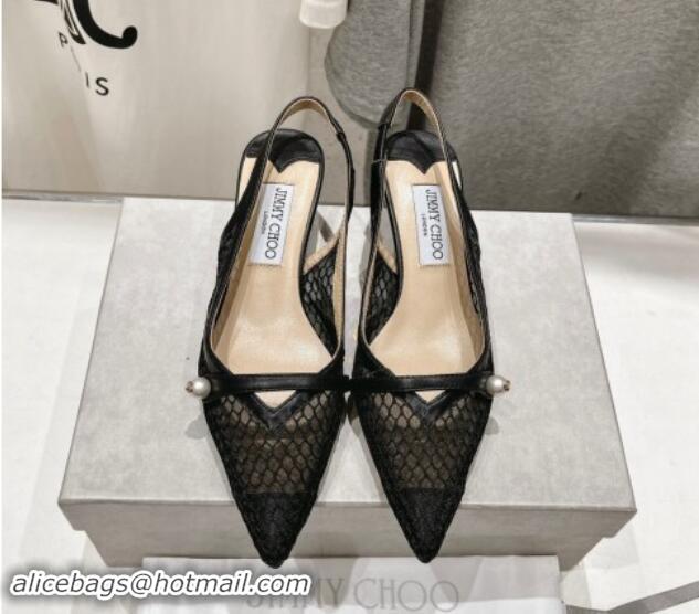 Charming Jimmy Choo Amita Slingback Pumps 4.5cm in Fishnet Mesh and Nappa Leather Black 9030097