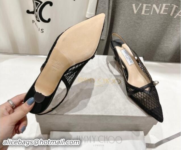 Charming Jimmy Choo Amita Slingback Pumps 4.5cm in Fishnet Mesh and Nappa Leather Black 9030097