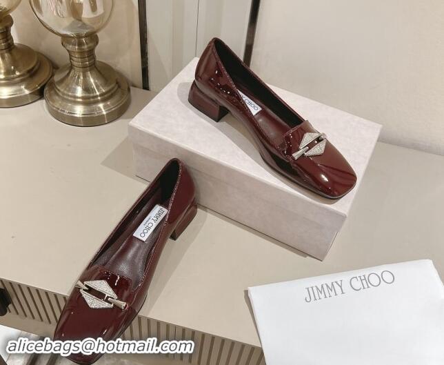 Good Quality Jimmy Choo Ravi Flat Loafers 2.5cm in Patent Leather with Strass Link Dark Burgundy 1011032