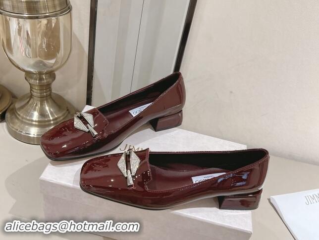 Good Quality Jimmy Choo Ravi Flat Loafers 2.5cm in Patent Leather with Strass Link Dark Burgundy 1011032