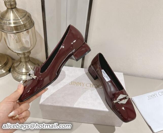 Good Quality Jimmy Choo Ravi Flat Loafers 2.5cm in Patent Leather with Strass Link Dark Burgundy 1011032