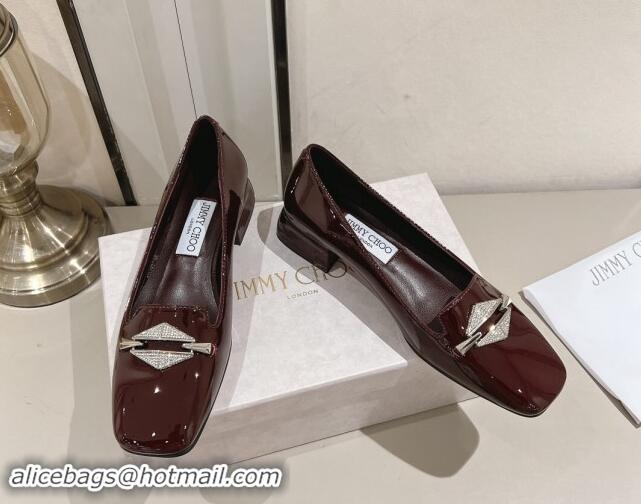 Good Quality Jimmy Choo Ravi Flat Loafers 2.5cm in Patent Leather with Strass Link Dark Burgundy 1011032