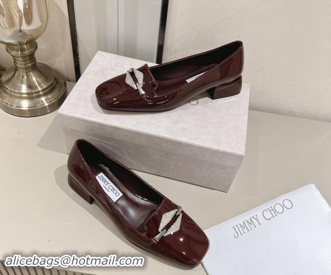 Good Quality Jimmy Choo Ravi Flat Loafers 2.5cm in Patent Leather with Strass Link Dark Burgundy 1011032