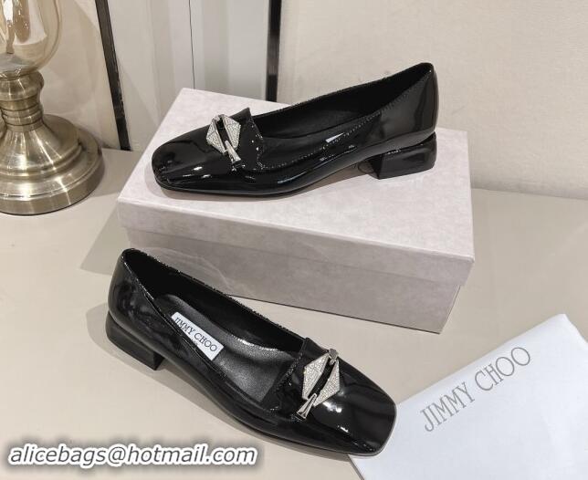 Duplicate Jimmy Choo Ravi Flat Loafers 2.5cm in Patent Leather with Strass Link Black 1011034