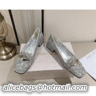 Comfortable Jimmy Choo Ravi Flat Loafers 2.5cm in Silver Glitter with Link 1011035