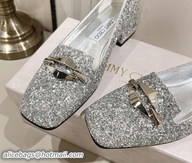 Comfortable Jimmy Choo Ravi Flat Loafers 2.5cm in Silver Glitter with Link 1011035