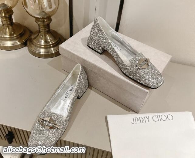 Comfortable Jimmy Choo Ravi Flat Loafers 2.5cm in Silver Glitter with Link 1011035