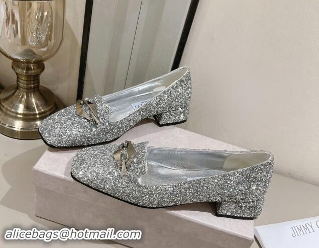 Comfortable Jimmy Choo Ravi Flat Loafers 2.5cm in Silver Glitter with Link 1011035