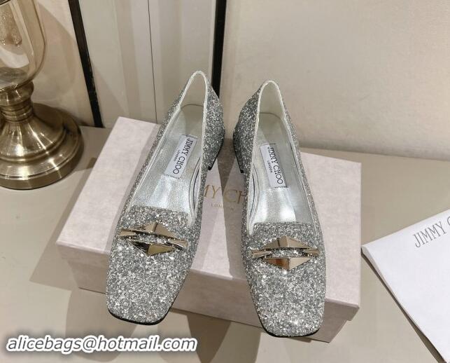 Comfortable Jimmy Choo Ravi Flat Loafers 2.5cm in Silver Glitter with Link 1011035