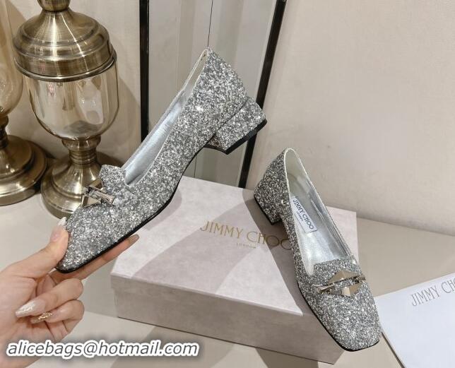 Comfortable Jimmy Choo Ravi Flat Loafers 2.5cm in Silver Glitter with Link 1011035