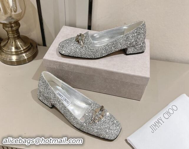 Comfortable Jimmy Choo Ravi Flat Loafers 2.5cm in Silver Glitter with Link 1011035