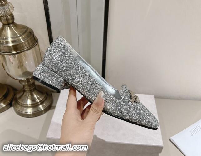 Comfortable Jimmy Choo Ravi Flat Loafers 2.5cm in Silver Glitter with Link 1011035