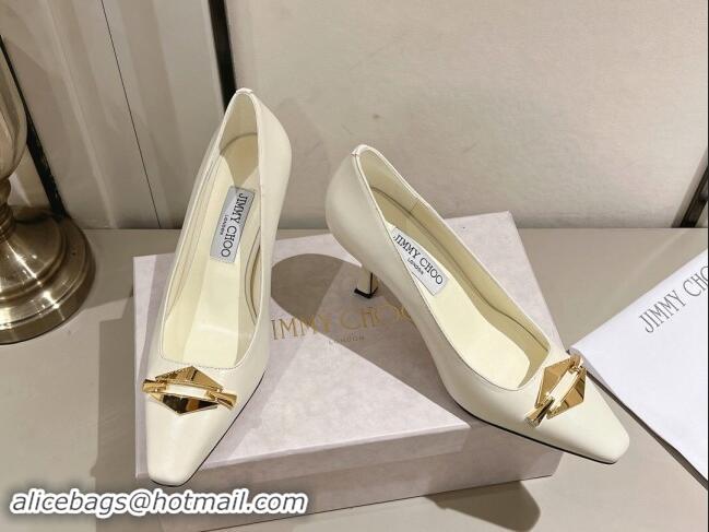 Buy Luxury Jimmy Choo Ryker Pumps 8cm in Lambskin Leather with Metal-Tone Link White 1011039