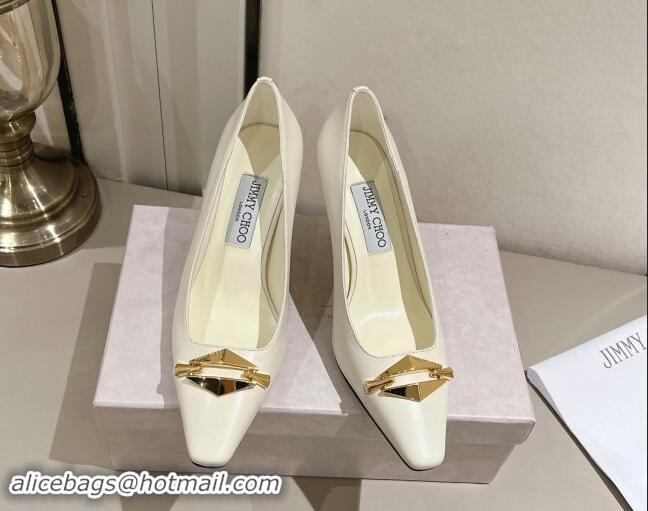 Buy Luxury Jimmy Choo Ryker Pumps 8cm in Lambskin Leather with Metal-Tone Link White 1011039