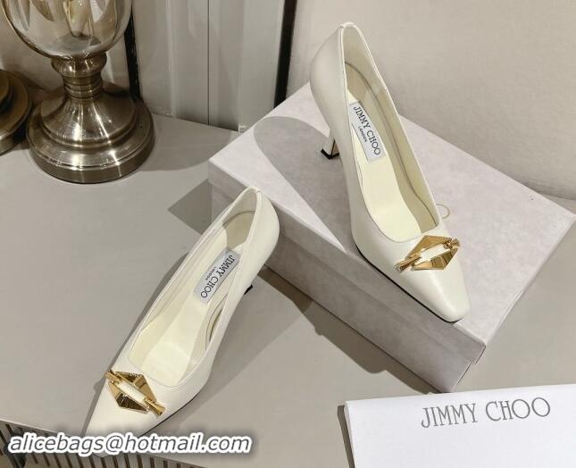 Buy Luxury Jimmy Choo Ryker Pumps 8cm in Lambskin Leather with Metal-Tone Link White 1011039