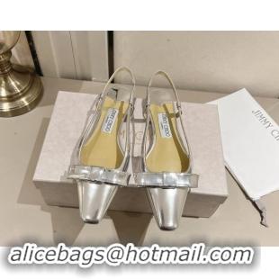 Luxurious Jimmy Choo Adalle Slingbacks Flat in Silver Metallic Leather with Bow 011040