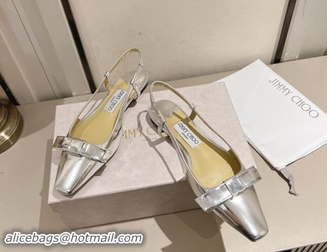 Luxurious Jimmy Choo Adalle Slingbacks Flat in Silver Metallic Leather with Bow 011040