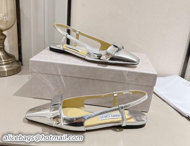 Luxurious Jimmy Choo Adalle Slingbacks Flat in Silver Metallic Leather with Bow 011040