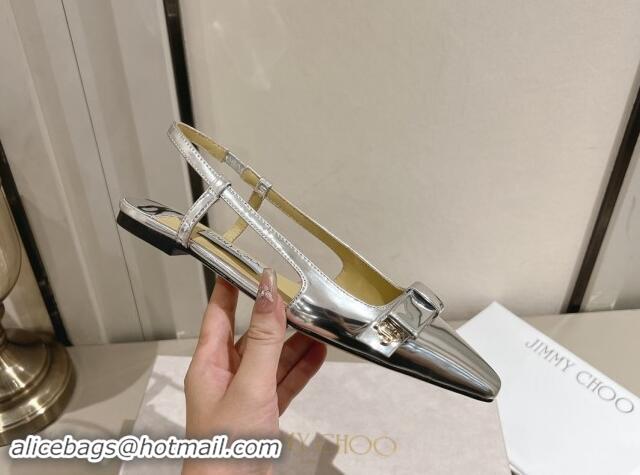 Luxurious Jimmy Choo Adalle Slingbacks Flat in Silver Metallic Leather with Bow 011040