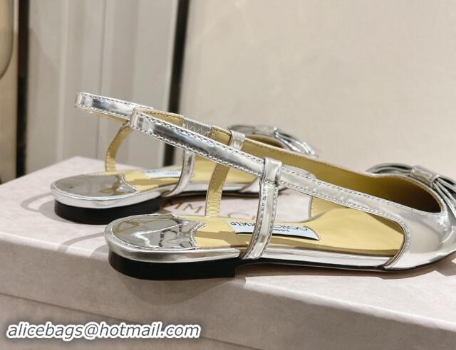 Luxurious Jimmy Choo Adalle Slingbacks Flat in Silver Metallic Leather with Bow 011040