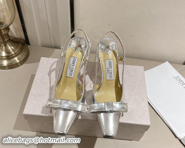 Durable Jimmy Choo Adalle Slingbacks Pumps 8.5cm in Silver Metallic Leather with Bow 011044