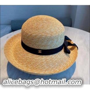 Luxury Classic Chanel Straw Wide Brim Hat with 0302 Black Band 2024