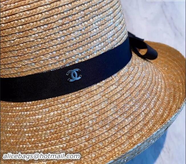 Luxury Classic Chanel Straw Wide Brim Hat with 0302 Black Band 2024