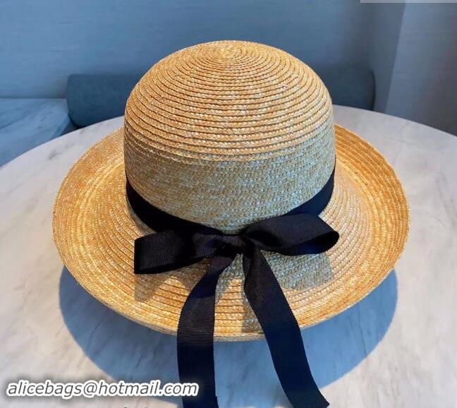 Luxury Classic Chanel Straw Wide Brim Hat with 0302 Black Band 2024