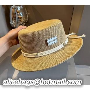 Spot Bulk Chanel Straw Wide Brim Bucket Hat with Cord 0403 Khaki 2024