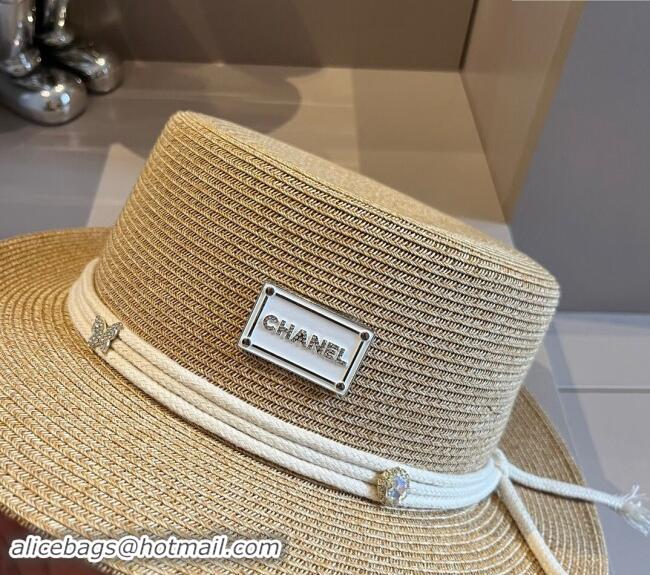 Spot Bulk Chanel Straw Wide Brim Bucket Hat with Cord 0403 Khaki 2024