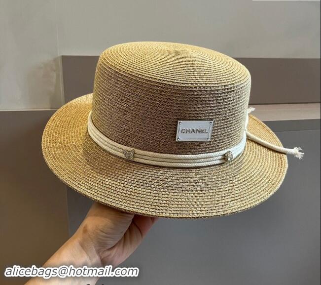 Spot Bulk Chanel Straw Wide Brim Bucket Hat with Cord 0403 Khaki 2024