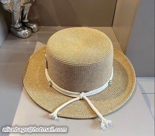 Spot Bulk Chanel Straw Wide Brim Bucket Hat with Cord 0403 Khaki 2024