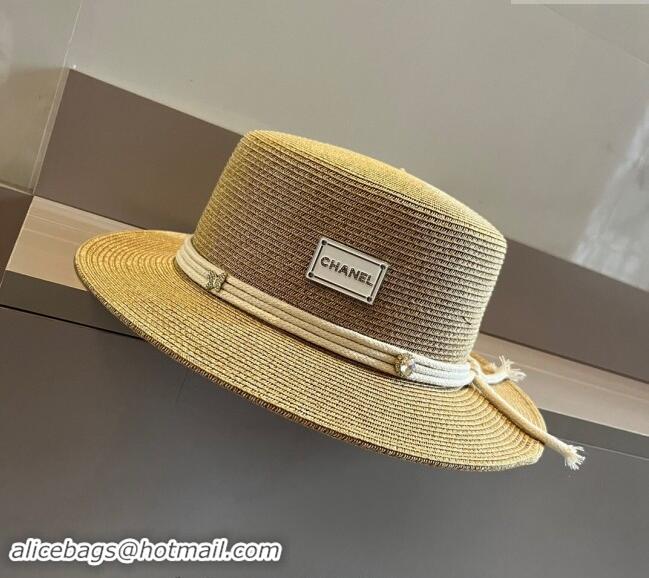 Spot Bulk Chanel Straw Wide Brim Bucket Hat with Cord 0403 Khaki 2024